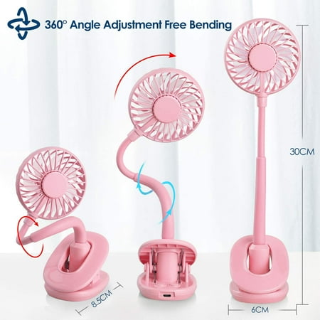 WD/&CD USB Clip Desk Fan Portable Desktop Clip Fan with Battery 800mah 2 Led Lights 3 Speeds Pink 7 Blades